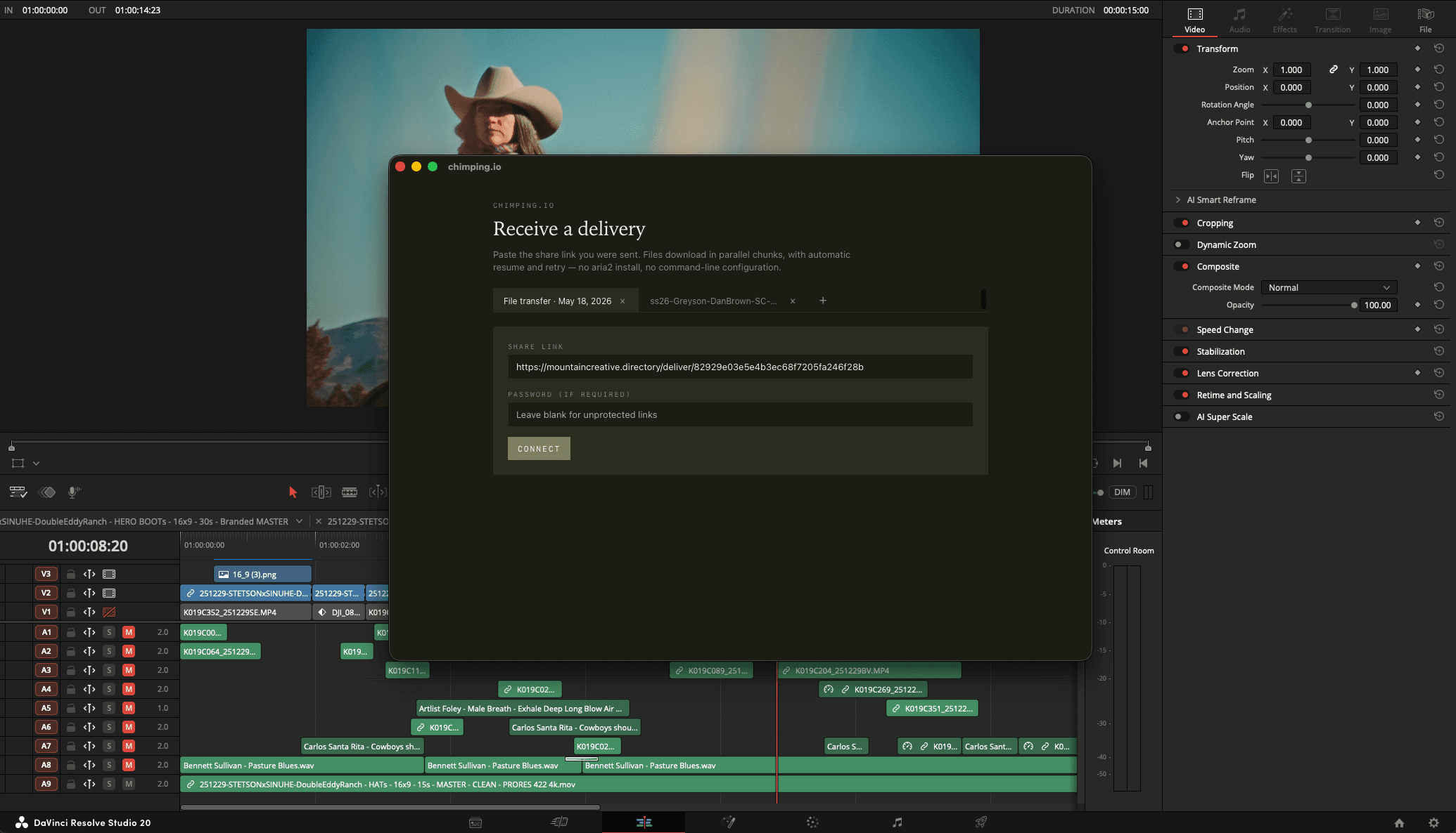 chimping.io desktop app — Receive a delivery panel sitting on top of a DaVinci Resolve session
